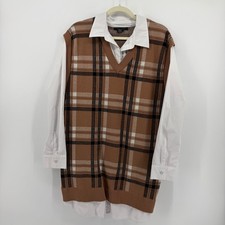 Tahari Womens XL Brown Plaid Mixed Media Sweater Dress Layered Shirt Vest