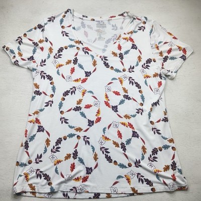 Women's Celebrate Together L Cream Autumn Leaves Acorn V-Neck Short Casual