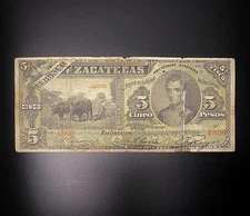 1909 Billete de 5 Pesos Mexico Banco de Zacatecas (1891-1914) Billete Circulado