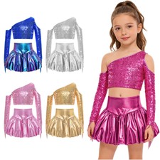 Girls Sequins Latin Dance Outfit Tassel Crop Top with Mini Skirt Stage Costume