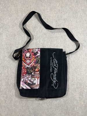 VTG Ed Hardy Christian Audigier Y2K Messenger Crossbody Bag Black Skulls 16''X14''