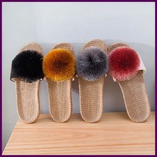 Linen Platform Slippers Women Home Hairball Designer Shoes Girls Fashion Casual