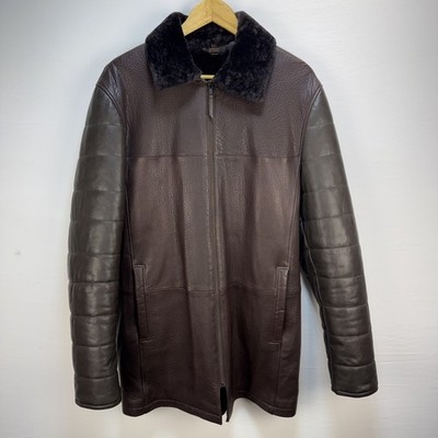 Pelle Si Mens Lambskin Leather Car Coat Size L 52 Brown Sheepskin Fur Lining