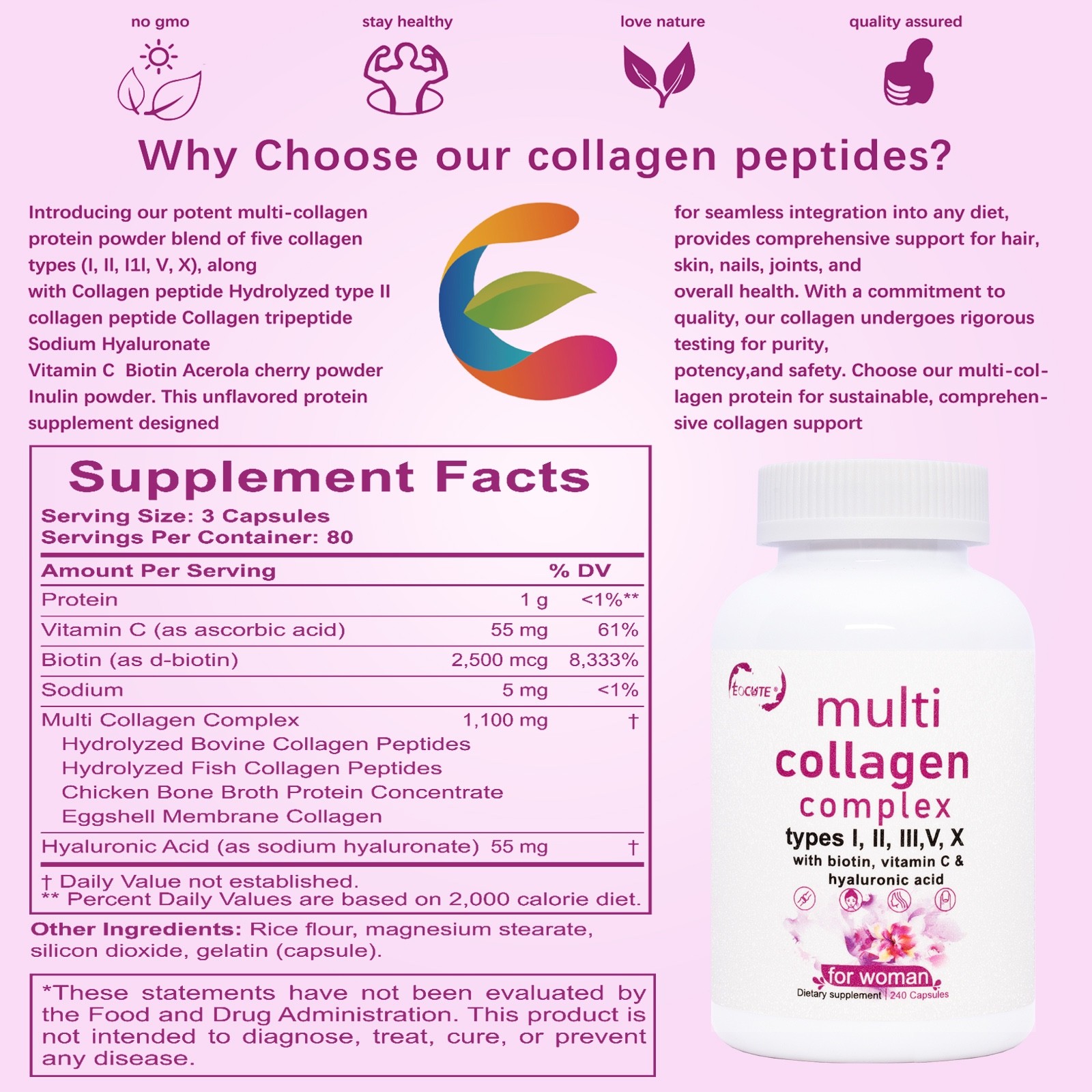 Type I, II, III, V, X Multi Collagen 240 Capsule Supplement for Women Men  NEW