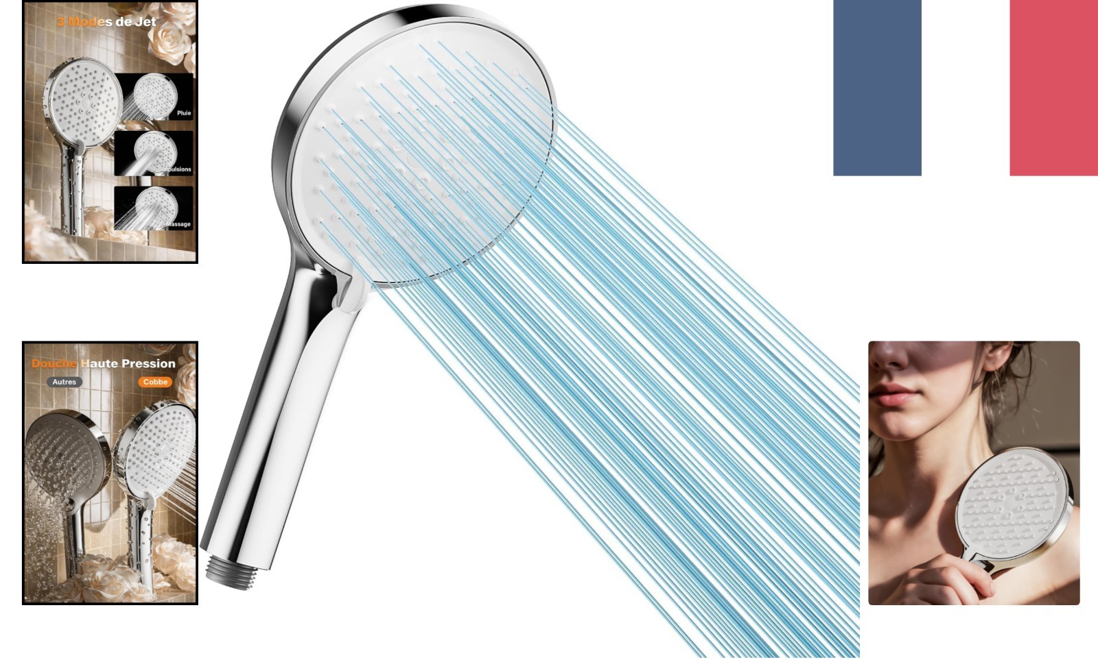 Pommeau de douche moderne en chrome brillant à 3 jets réglables