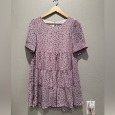 Hazel Flowy Purple Floral Tiered Babydoll Mini Dress Size XS Summer Girly Casual
