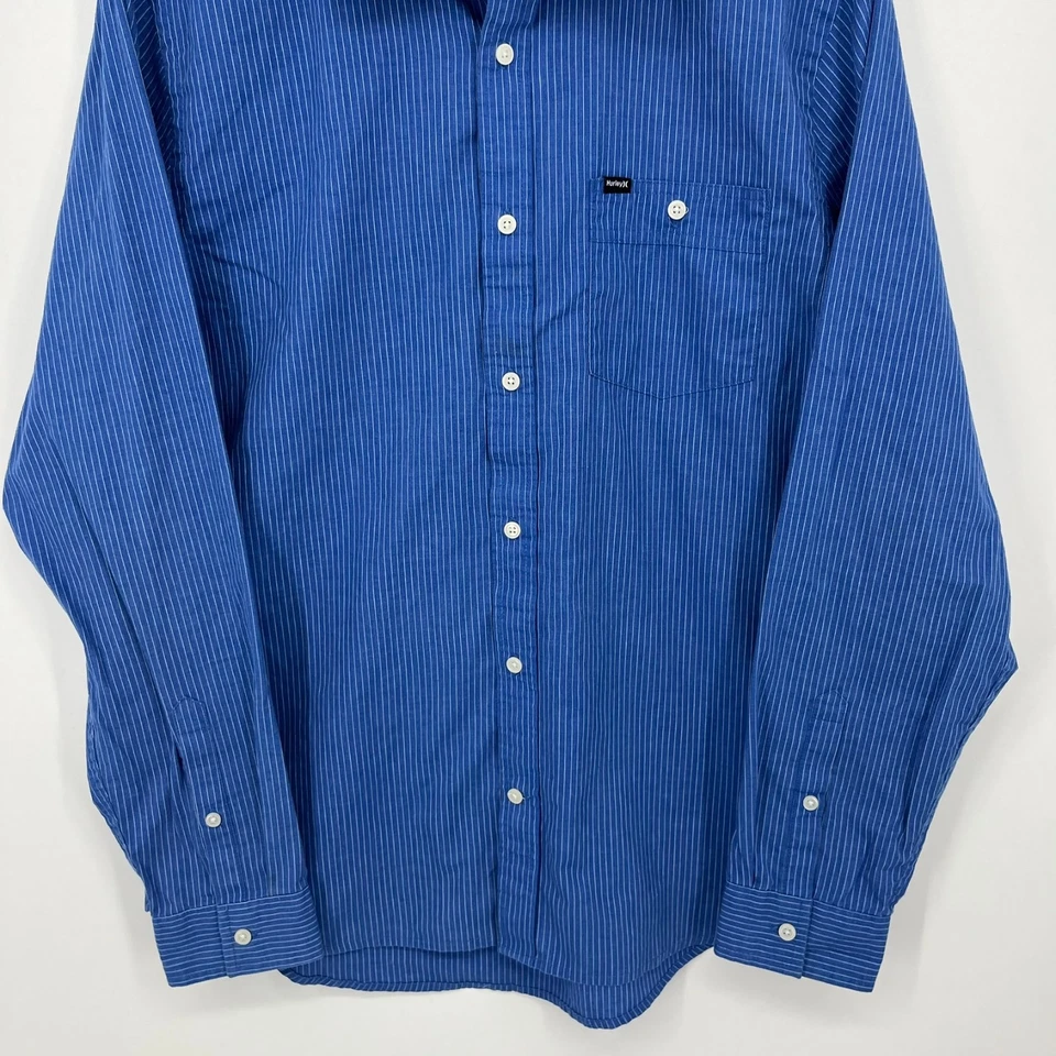 Camisa Hurley Manga Larga Botón Para Hombre Talla L Azul Rayas Bolsillo Algodón Surf Foto 3 de 4