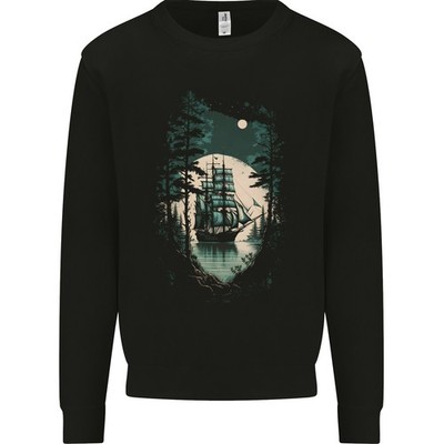 AWDis Herren Hoodie Sweatshirt Segelschiff Mondlicht Schwarz Rundhals Langarm