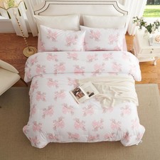 Pink Floral Duvet Cover Full Size Cute Bow Bedding Set 3 Pieces Kids Boys Girls
