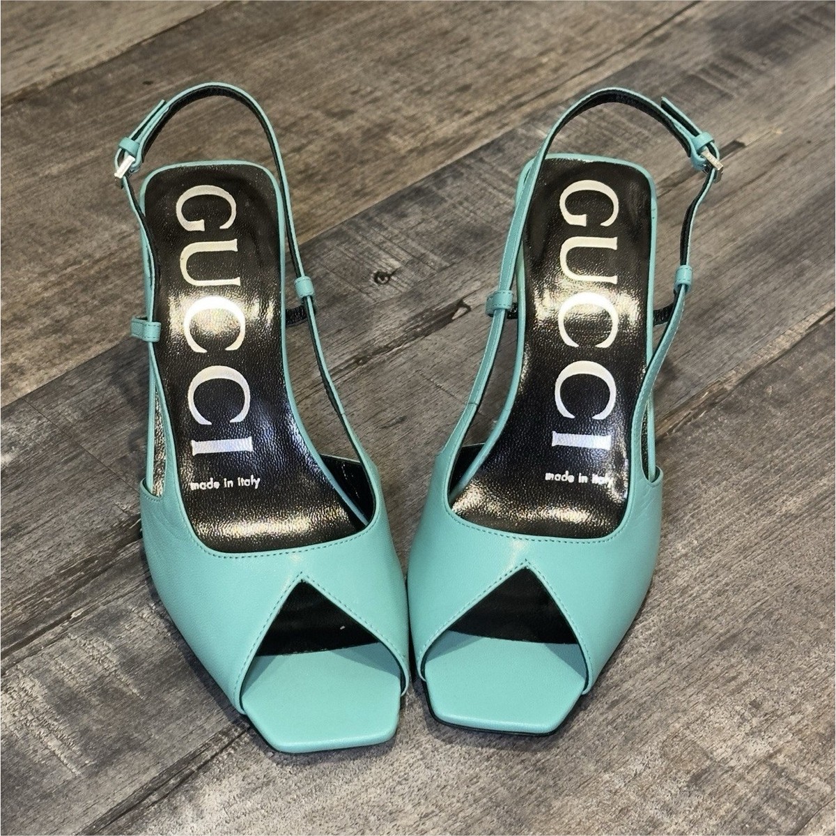 Gucci Turquoise Leather Slingback Stiletto Heels Square Toe EU