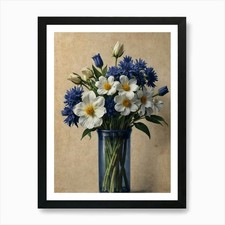 hamptons Blue And White Flowers In  Framed Wall Art Poster Canvas Print Picture