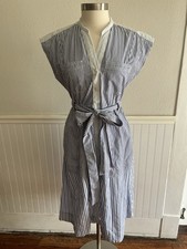 Women Sleeveless Button Up Shirt Dress Tie Belt Tiered Midi Blue White Stripe S
