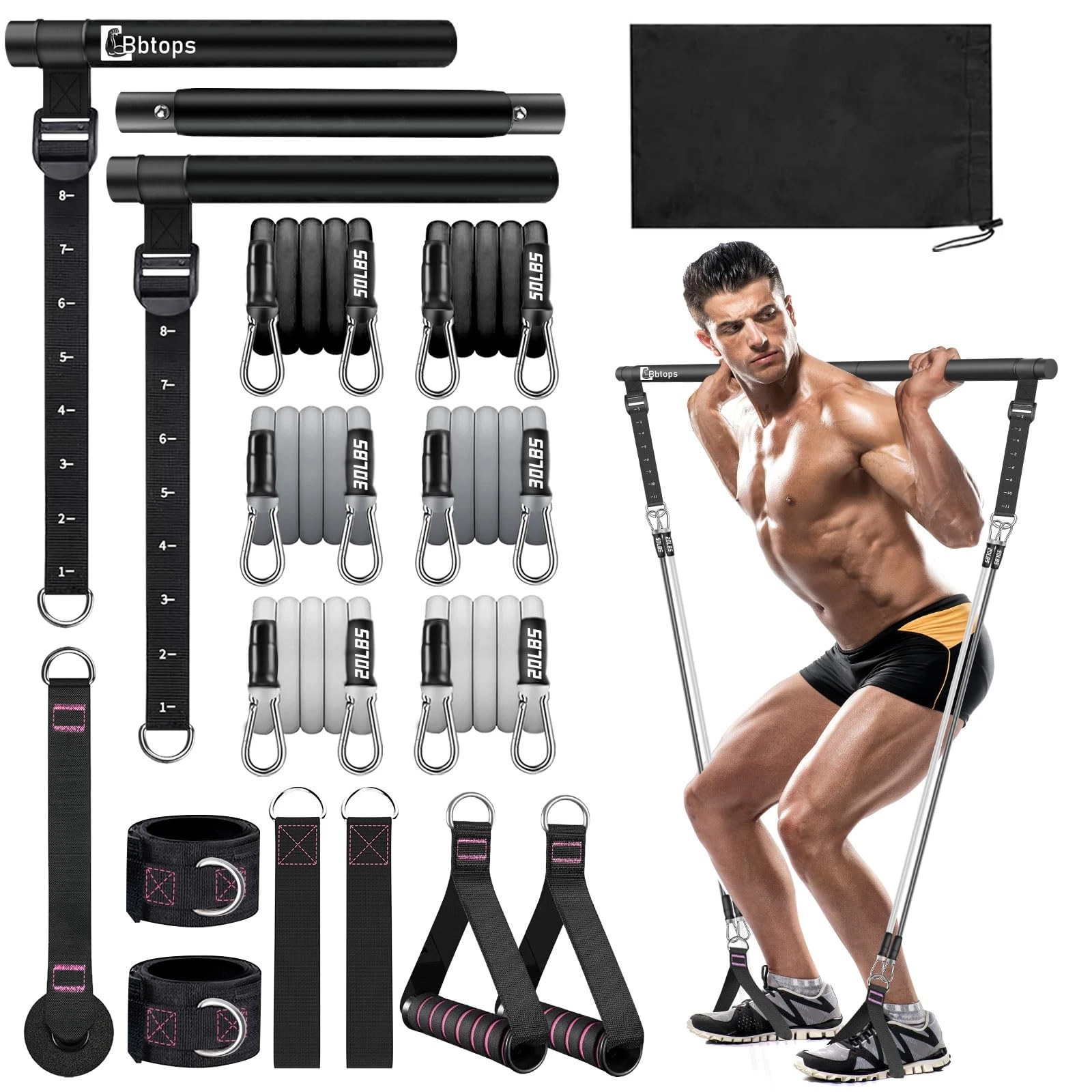 Pilates Bar Kit with Resistance Bands(4 x Bands),3-Section Pilates Bar with S...