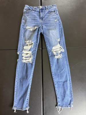 American Eagle Outfitters Jeans Womens 4 Blue Distressed Skinny Stretch Raw Hem