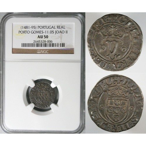 π₯ 20 Reis Vintem Argento Portogallo Monarchia 1481-1485 Re Joao II: NGC AU50