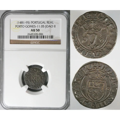 🟥 20 Reis Vintem Silver Portugal Monarchy 1481-1485 King Joao II : NGC AU50