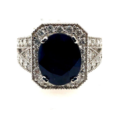 Natural Oval Blue Sapphire & Diamond Halo Solitaire Ring 14k White Gold 6.41Ct