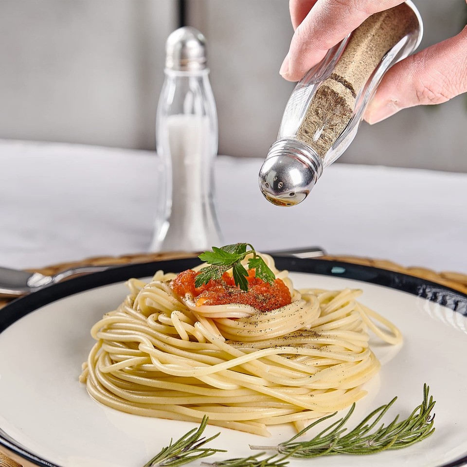 Salt and Pepper Shakers Glass Set, Clear Curved Design, Classic