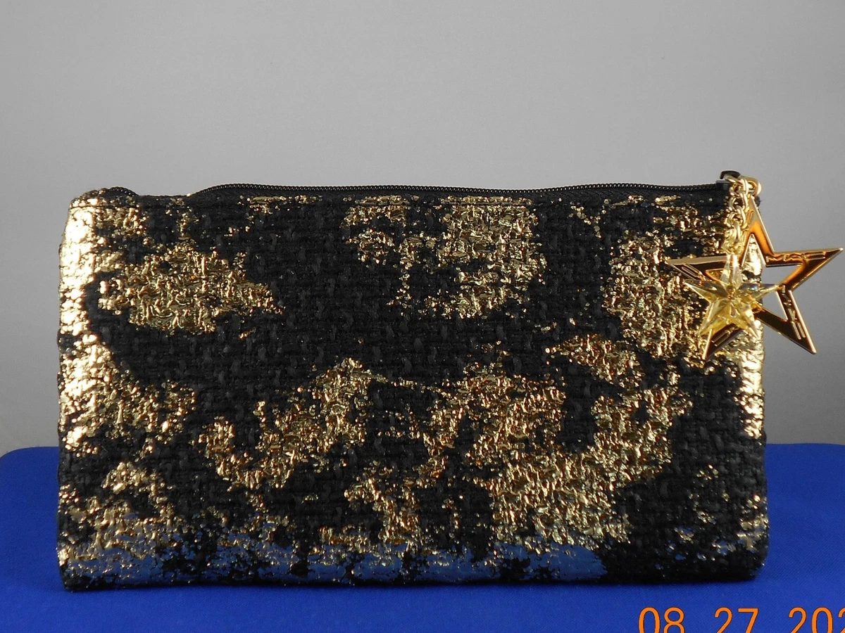 MAC Cosmetics Black Gold Lame SPRINKLE OF SHINE Star Top Zip Cosmetic Bag