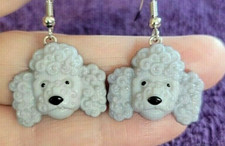  Dog Poodle Silver Light Grey Curly Hair Puppy Pup Drop Dangle Hook Earrings 