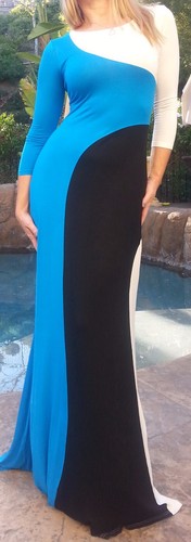 Maya Antonia- Sophisticated Blue-White-Black Color Block Elegant-Sexy Maxi Dress - 第 2/8 張圖片