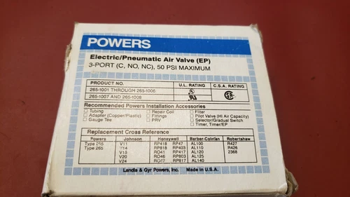 NEW SIEMENS 265-1002. POWERS ELECTRIC/PNEUMATIC AIR VALVE. 120V. 3-WAY. 50 PSI