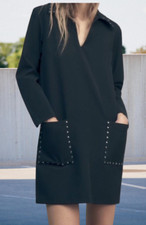 ZARA Black Mini Dress With Metal Stud Appliqués Trim Size S