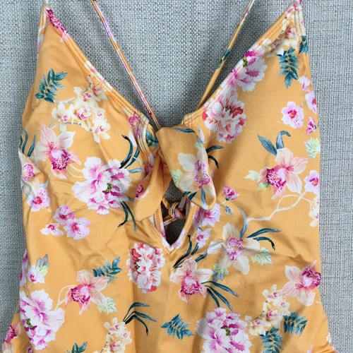 Traje de baño LA Hearts para mujer M amarillo hawaiano floral brillante corbata detrás corte alto - Imagen 2 de 8