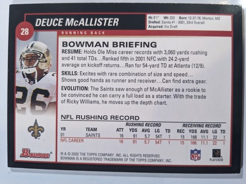 2002 Topps Bowman Football #28 Deuce McAllister - Picture 2 of 3