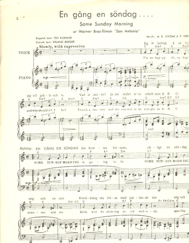 Errol Flynn & Alexis Smith SOME SUNDAY MORNING rare Swedish Sheet Music - Picture 2 of 3