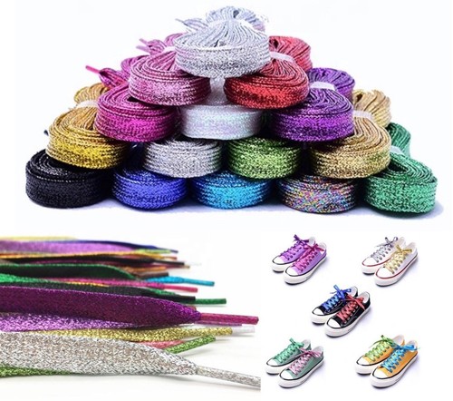 NUEVO PAR DE CORDONES DE ZAPATOS DE COLOR PLANO BRILLANTE CORDONES DEPORTIVO ELEGANTE VESTIDO - Imagen 3 de 10