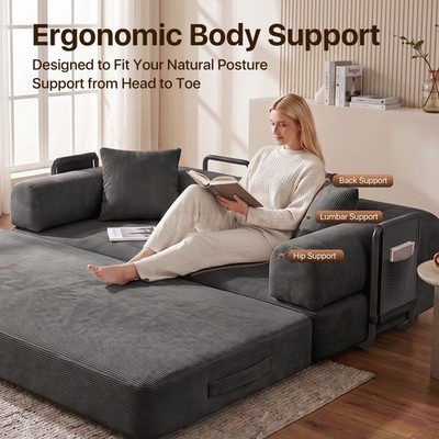 Gray Corduroy 78In Convertible Sofa Bed Portable For Dorm Guest Room Home Office