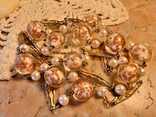 Collier sautoir perles culture et verre inclusions doré plaqué or ancien 82 cm