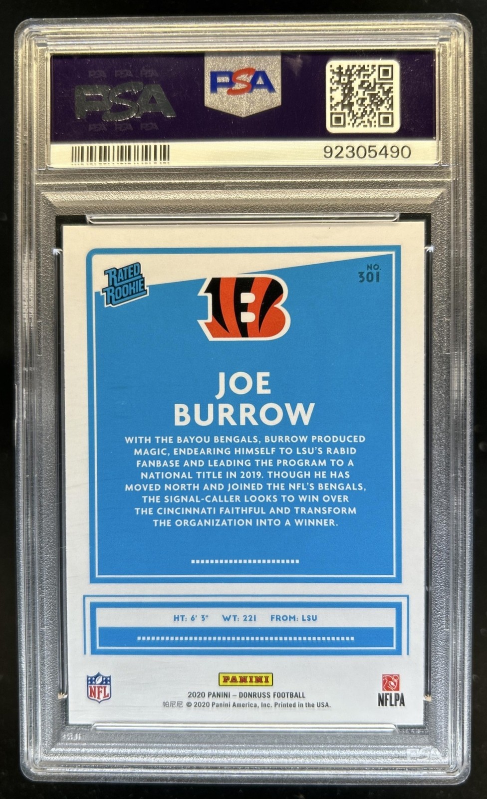 2020 Panini Donruss Joe Burrow Rated Rookie Press Proof Blue RC #301 PSA 9 view 2
