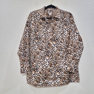 Chicos Sz 2 (12/14) US L Cheetah Popover No Iron Tunic Top Cotton Spandex 