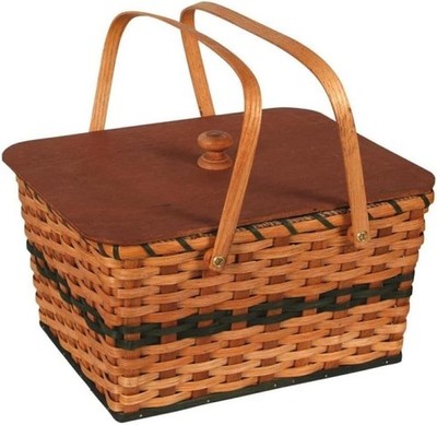 Amish-Made Hand-Woven Picnic Basket Natural Light Stain with Blue Stripe