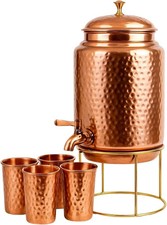 Dispensador de agua martillado de cobre puro tanque de agua de almacenamiento 5 Ltr con grifo y 4 vidrios