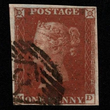 SG8 (BS43) 1d Red Imperf Plate 54 - MD - 4 Margin - Very fine - 8 London Inland