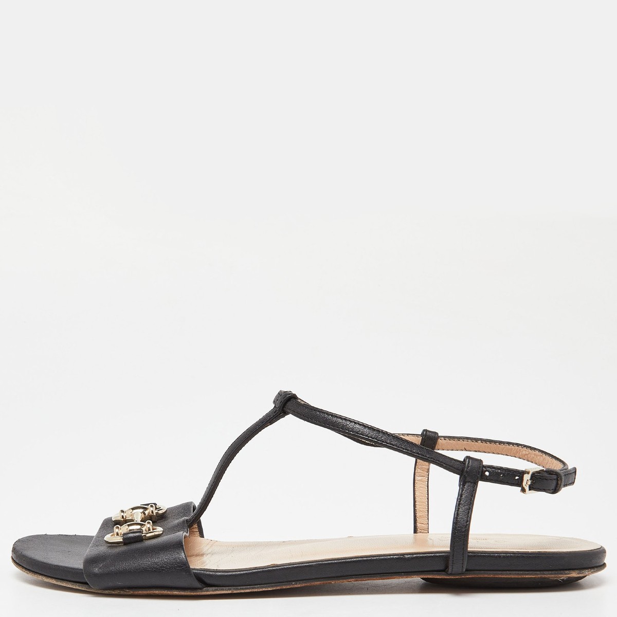 GUCCI ブラック ストラップサンダル 36 Gucci Black Leather Horsebit T-Strap Flat Sandals Size 36 | eBay