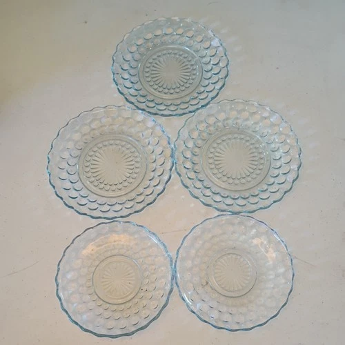 5 Vintage Anchor Hocking  Bubble Blue Depression Glass Saucer Small Plate Set