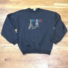 Euro Souvenir Paris France Embroidered Crewneck Sweatshirt Black Vintage Large