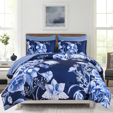 Floral Comforter Set King Size 7 Piece, Navy Blue Flower Bed in a Bag, Elegant F