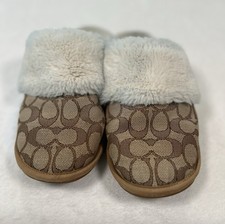 Coach Ziva Slippers Signature Jacquard Faux Fur Slides Khaki Tan Womens Size 7B