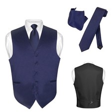 Men's Dress Vest NeckTie Hanky NAVY BLUE Color Neck Tie Set for Suit or Tuxedo