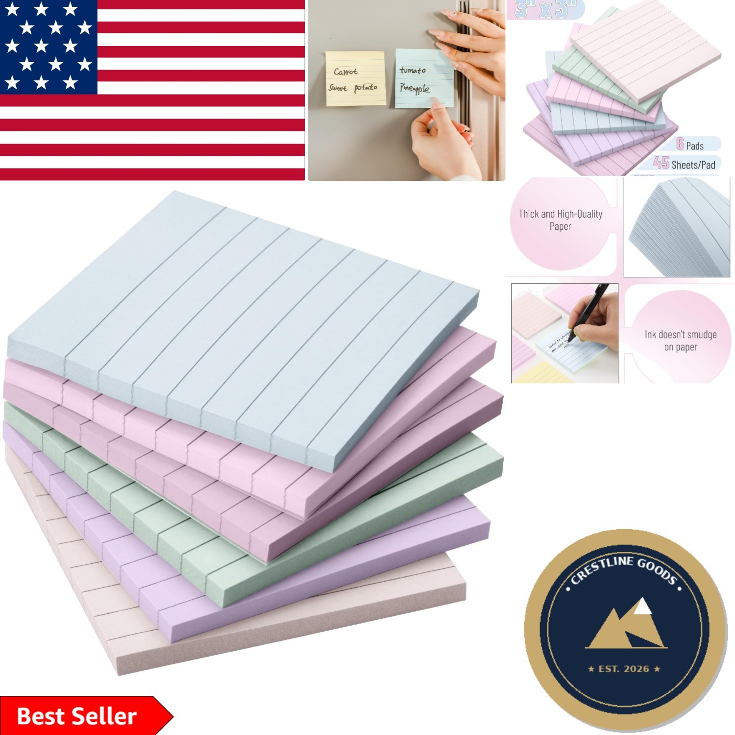 Pastel Lined Sticky Notes 3"x3" - Stylish 6 Pack for Organized Note-taking