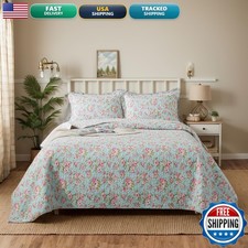 Brandream Queen Size Cottagecore Cotton Floral 3-Piece Reversible Quilt Set