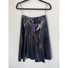 Ralph Lauren Purple Label Navy Patent Lamb Leather A-Line Midi Skirt Italy Sz 2