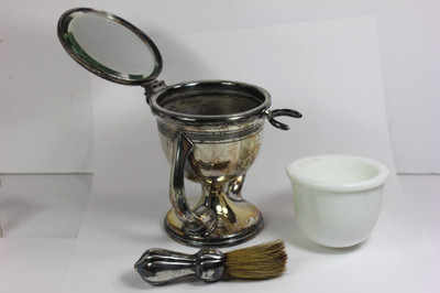 Victorian Era VAN BERGH Quadruple Silver Shaving Mug Mirror and Milk Glass Inset