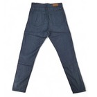 Etienne Marcel skinny crop jeans, blue denim, back view with tan leather patch, brown stitching, and two rear pockets.