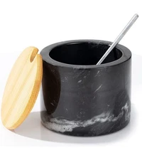 Marble Salt Cellar with Lid & Spoon, Natural Marble, Smooth Inside (Black)